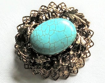 Turquoise Czech Glass Brooch Broche Pin Oval Focal Tiered Gold Tone Setting Vintage Jewelry Vendimia Joyeria