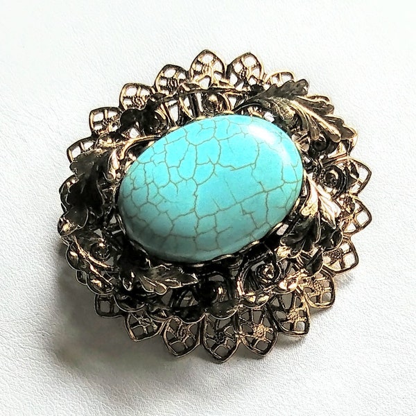 Turquoise Czech Glass Brooch Broche Pin Oval Focal Tiered Gold Tone Setting Vintage Jewelry Vendimia Joyeria