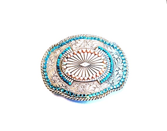 Ornate Belt Buckle Silver Tone Sunburst Design Rhinestones and Beads: Vintage Western Wear