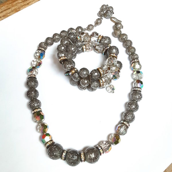 Necklace Bracelet Set Collar y Pulsera Gray Crackle Glass AB Crystal Beads Vintage Jewelry Vendimia Joyeria Yours, Occasionally