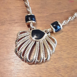 Monet Signed Necklace Black Enamel and Gold Tone Setting and Chain Vintage Jewelry Gift for Her Mothers Day Gifts Yours, Occasionally