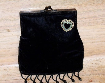 Purse Bolso Black Vintage Handbag Decorated with Vintage Rhinestone Heart Pin Wedding Cottage Chic