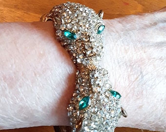 Panther Big Cat Hinged Cuff Bracelet Clear and Green Rhinestones Silver Tone Vintage Jewelry Yours, Occasionally