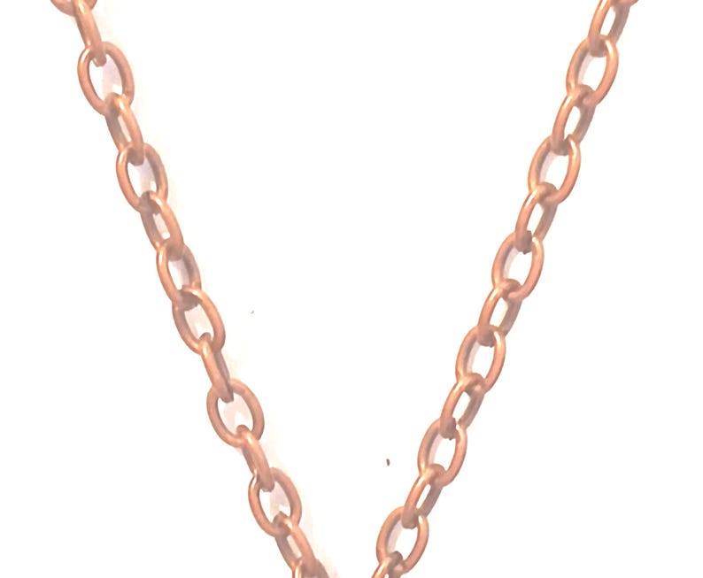 May include: Close-up of a copper-coloured chain necklace. The chain is made of oval links and is set against a white background. The necklace is a simple, elegant design.
