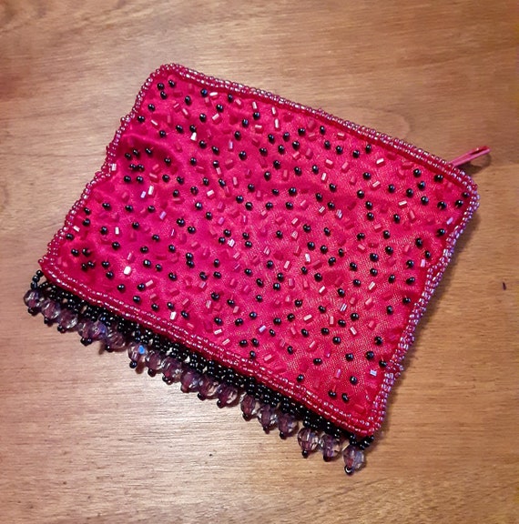 Beaded Pouch with Zipper Accessories Red Sateen B… - image 4