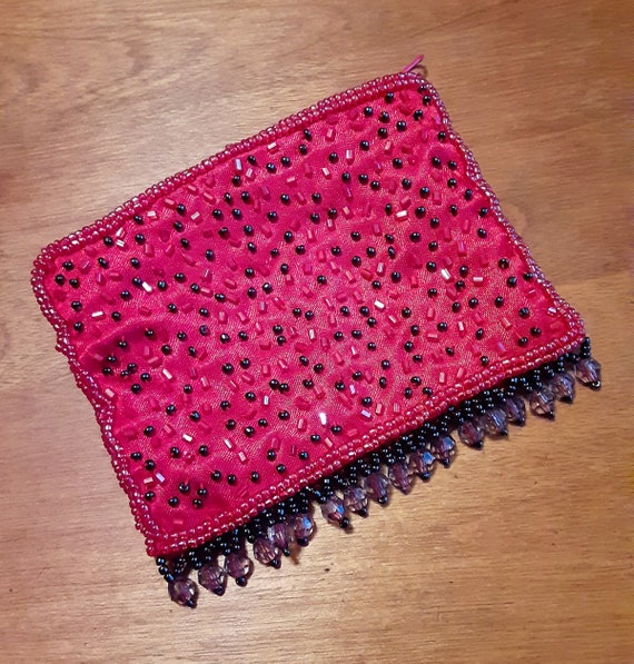 Beaded Pouch with Zipper Accessories Red Sateen B… - image 3