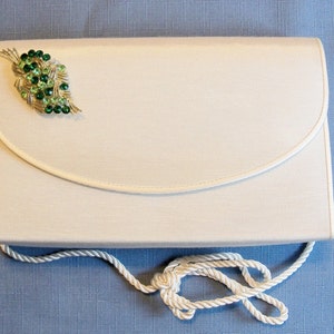 Decorated Purse Bolso Off White with Green Rhinestone Leaf Brooch Fall Spring Wedding Bridal Party Assemblage image 1