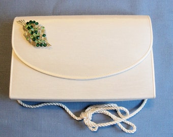 Decorated Purse Bolso Off White with Green Rhinestone Leaf Brooch Fall Spring Wedding Bridal Party Assemblage