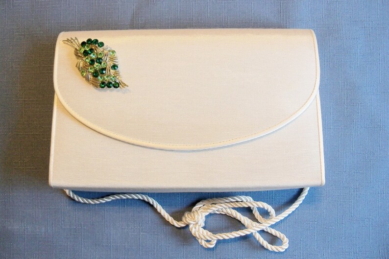 Decorated Purse Bolso Off White with Green Rhinestone Leaf Brooch Fall Spring Wedding Bridal Party Assemblage image 1
