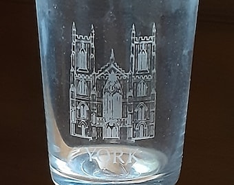 Souvenir from York Cathedral England Etched Cordial Glass Home Decor Knick Knacks Bar Wares Glassware Yours, Occasionally