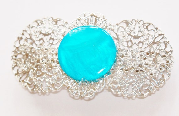 Silver toned filigree hair accessory with turquoise chip accents. Silver & Turquoise Hair Clips - Etsy main image 2