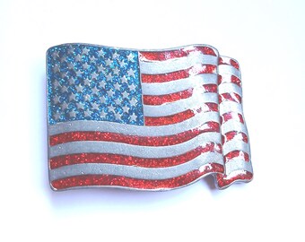 Vintage Crystal Rhinestone American Flag Belt Buckle Red, White & Blue Vintage Silver Americana Red White Blue Rhinestone Rectangle  main image 2