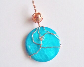 Hand Wire Wrapped Pendant Colgante Aqua Copper Beach Wedding Handmade Jewelry Hecha a Mano Joyeria Yours, Occasionally