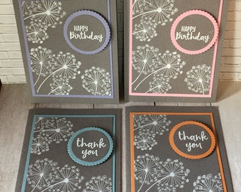 4 Dandelion greeting cards, 2 thank you and 2 Happy Birthday cards