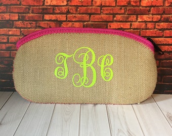 Monogrammed Burlap Zipper Pouch w/soft lining