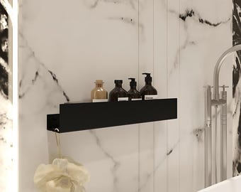 Modern Black Bathroom Shelf – Wall Mounted Metal Shower Organizer with Hook, Minimalist Floating Storage for Bath Bottles