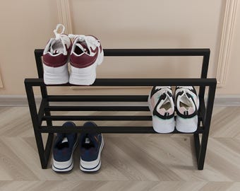 2-laags metalen schoenenrek voor hal, moderne schoenenopbergplank, minimalistische vloer schoenenopberger, zwarte schoenenopberger in gang