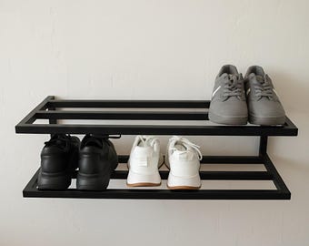 Minimalistisch schoenenrek aan de muur, moderne zwevende schoenenplank, metalen schoenenopberger met 2 verdiepingen, schoenenopberger aan de muur, schoenenrek in de hal