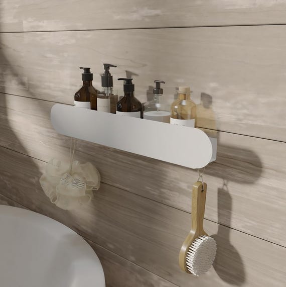Weißes Metall Badezimmer Regal mit Haken | An der Wand befestigter Speicher-Organizer | Minimalistisches schwebendes Regal für Toilettenartikel | Modernes Badezimmer Dekor