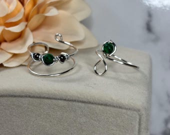 Handmade Malachite Gemstone Ring, Adjustable Silver Band