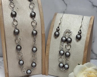 Handmade Miracle Shadow Glass Beaded earrings, necklace, bracelet – Hypoallergenic Silver Hooks
