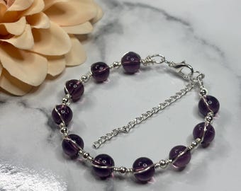 Handmade Wire-Twisted Amethyst Bracelet and silver ball bead – Adjustable Beaded Jewelry
