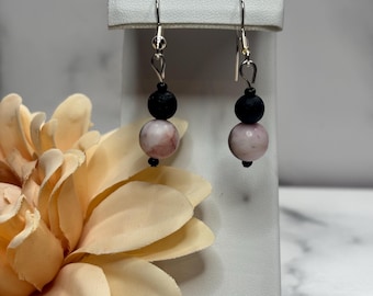 Pink Zebra Natural Stone & Black Lava Bead Hook Earrings – Handmade