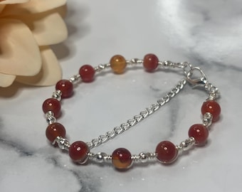 Handmade Wire-Twisted Red Agate Bracelet and silver ball bead – Adjustable Beaded Jewelry