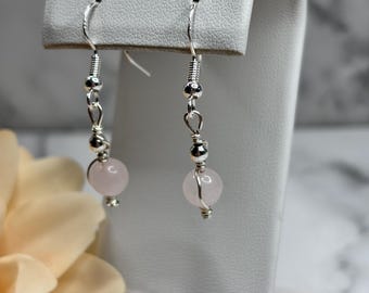 Pendientes colgantes de cuarzo rosa / Piedra preciosa natural hecha a mano en plata de ley 925
