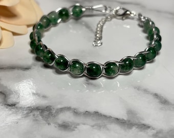 Handmade Green Chalcedony Beaded Bracelet – Twisted Wire, Adjustable Length