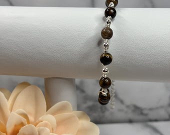 Handmade Wire-Twisted Tiger's Eye Bracelet and silver ball bead – Adjustable Beaded Jewelry