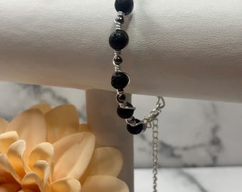 Handmade Wire-Twisted Black Lava Rock Bracelet and silver ball bead – Adjustable Beaded Jewelry