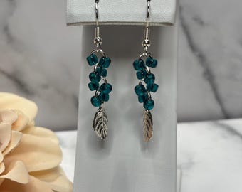 Turquoise Seed Bead & Silver Leaf Earrings – Handmade, Hypoallergenic, Nature-Inspired Jewelry