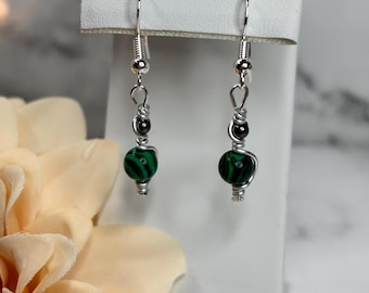 Malachite Dangle Earrings | Handmade 925 Sterling Silver Natural Gemstone