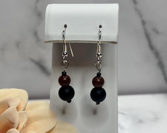 Golden Swan & Matte Black Beaded Hook Earrings – Handmade in Devon