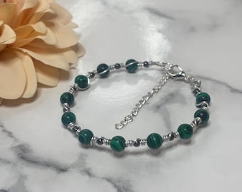 Handmade Wire-Twisted Malachite Bracelet and silver ball bead – Adjustable Beaded Jewelry