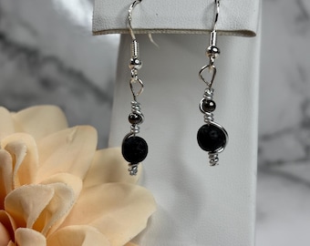 Black Lava Rock Dangle Earrings | Handmade 925 Sterling Silver Natural Gemstone