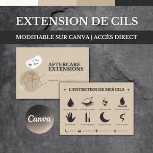 Peut inclure: Graphique promotionnel pour les soins post-extension de cils. La conception présente deux cartes avec du texte et des illustrations, dont "Aftercare Extensions" et "L'entretien de mes cils". Un logo Canva est également présent. Le fond est gris texturé.