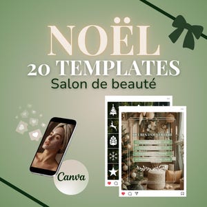 Peut inclure: Image promotionnelle pour un salon de beauté avec le texte "NOËL 20 TEMPLATES Salon de beauté". L'image comprend un smartphone affichant une femme avec un masque facial et deux modèles de médias sociaux avec des décorations de Noël.