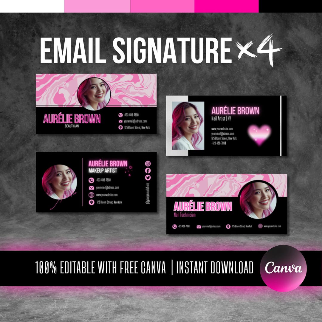 4 Email Signature Template Canva Professional Digital Email Footer Pink ...