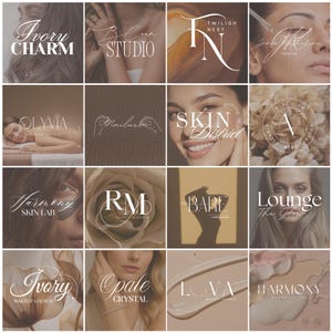 May include: A collage of beauty and wellness logos, each set against a neutral background. The logos feature elegant typography and imagery, including faces, flowers, and abstract shapes. Text includes "Ivory Charm," "Bloom Studio," and "Skin District."