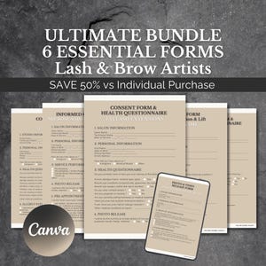 Peut inclure: Un ensemble ultime de 6 formulaires essentiels pour les artistes des cils et des sourcils. Les formulaires comprennent le consentement du client, des questionnaires de santé et des formulaires de diffusion de photos. Un logo Canva est visible.
