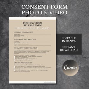 Pode incluir: Um formulário de consentimento para fotos e vídeos, projetado para portfólios e redes sociais. Inclui seções para informações do estúdio, dados pessoais, autorização e preferências de uso. Editável no Canva e download instantâneo.