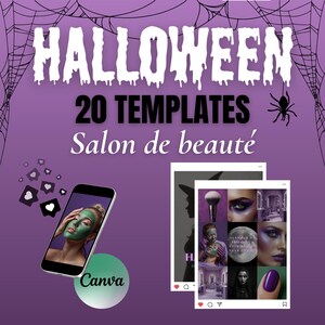 Peut inclure: Visuel violet avec le mot "HALLOWEEN" en lettres blanches dégoulinantes. Le texte "20 TEMPLATES Salon de beauté" est également présent. Un smartphone affiche une personne avec un masque vert. Deux images de style Instagram sont affichées.