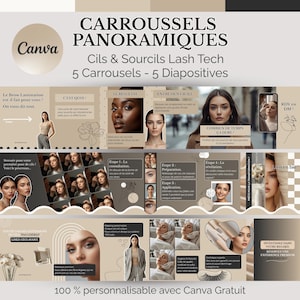 May include: A promotional graphic for lash and brow services, featuring the text "CARROUSSELS PANORAMIQUES" and "Cils & Sourcils Lash Tech." The design includes images of women, service steps, and the Canva logo. The text reads "100% personnalisable avec Canva Gratuit."