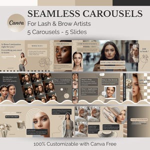 May include: A Canva template for lash and brow artists, featuring five carousel slides. The design includes text and images explaining brow lamination, the process, and results. The template is 100% customizable.