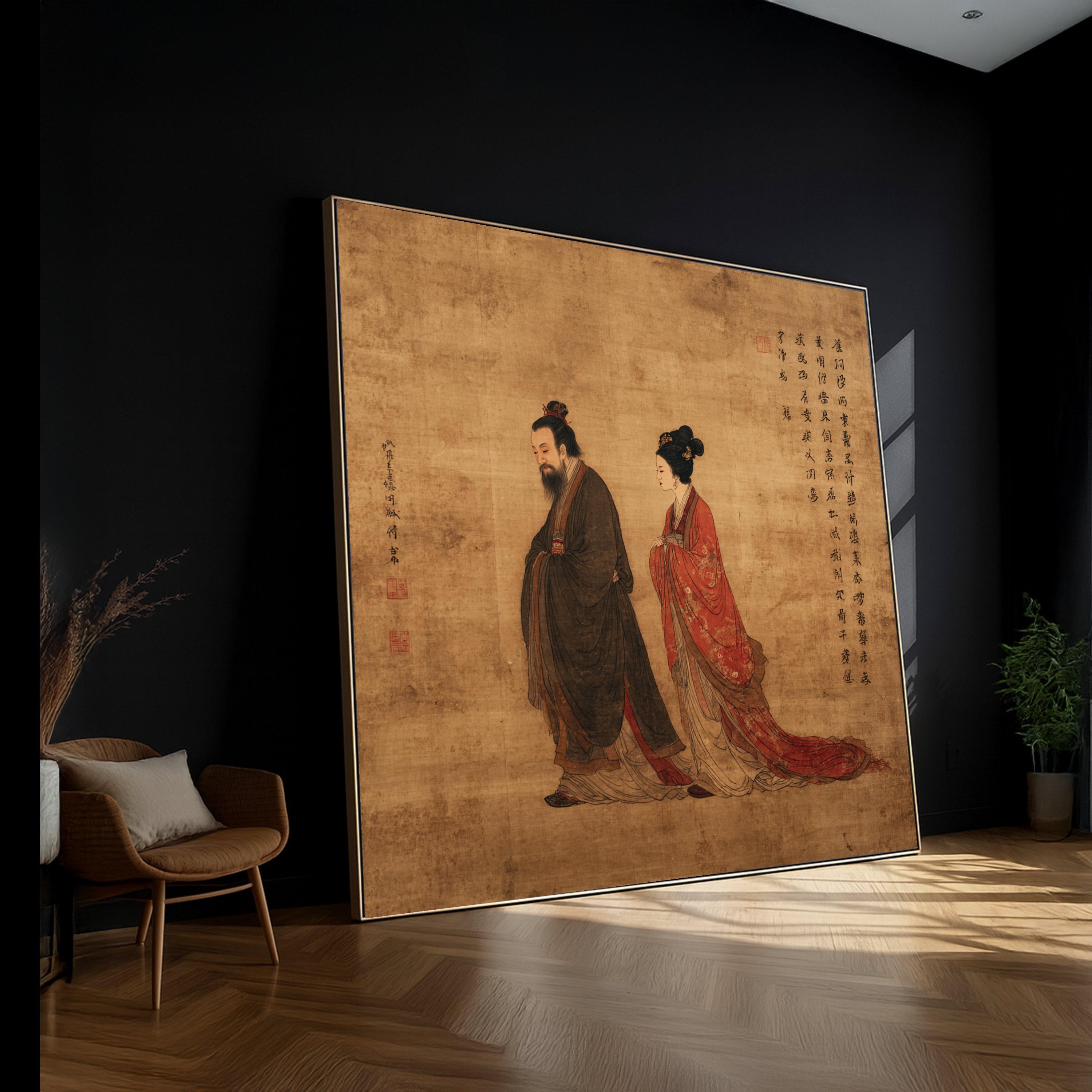 古代中国のカップルのキャンバスアート、伝統的な漢服の絵画