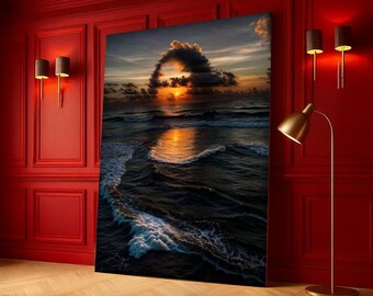 Dramatic Ocean Waves Sunset Canvas, Moody Seascape Wall Art, Coastal Landscape Canvas, Evening Sky Reflection Art, Nature Home Decoration