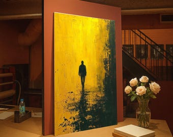 Solitary Figure Abstract Canvas, Yellow and Black Modern Wall Art, Contemporary Silhouette Painting, Moody Home Decor, Ready to Hang Canvas