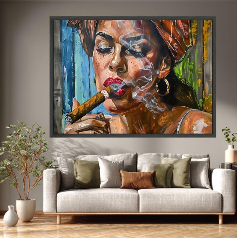 Bold Woman Smoking Cigar Canvas, Urban Wall Art Painting, Modern Portrait Canvas, Colorful Home Decor, Ready to Hang Artwork image 4